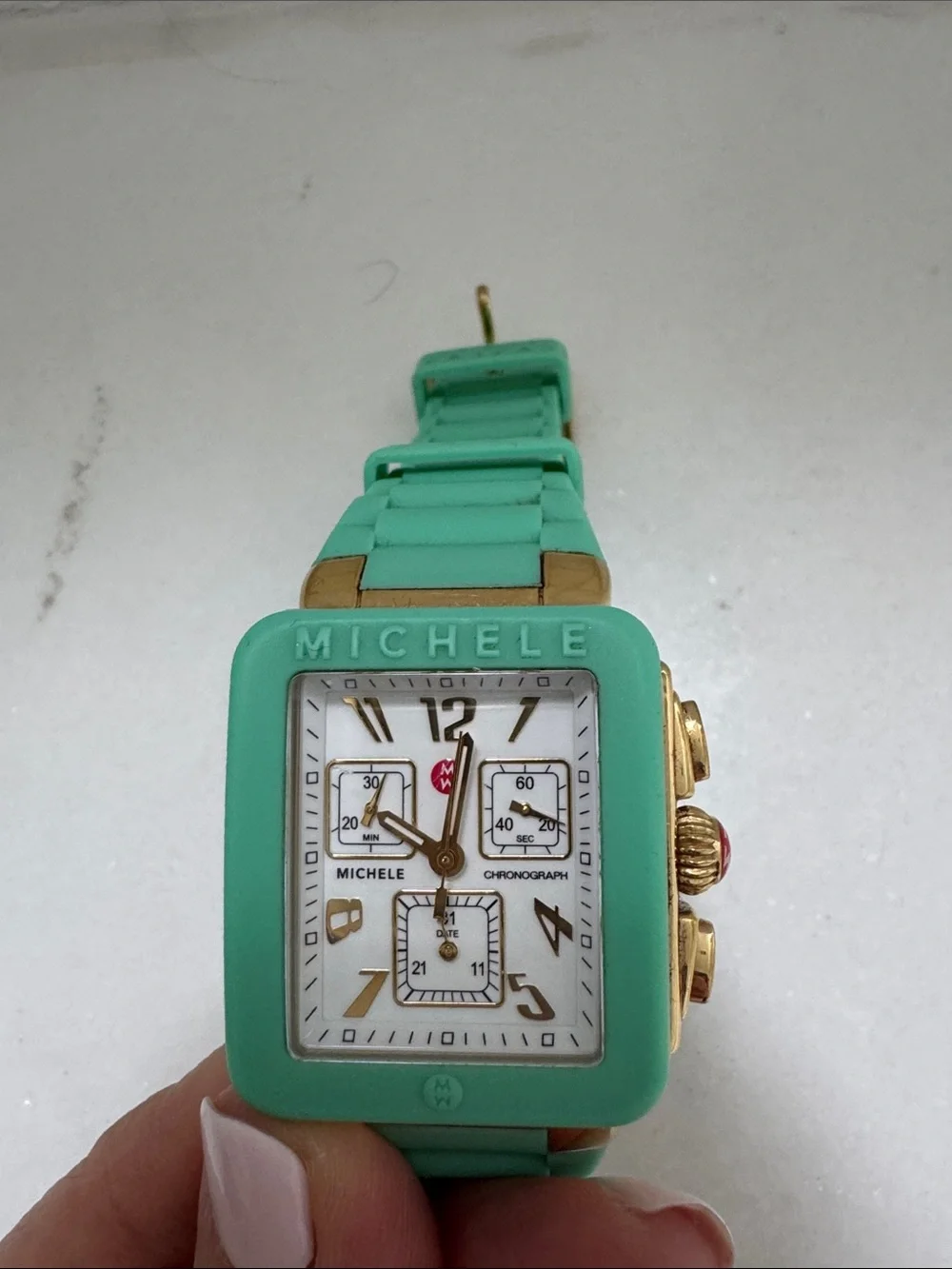 Michele Mint Green Silicone Strap Square Chronograph Watch with Gold Accents